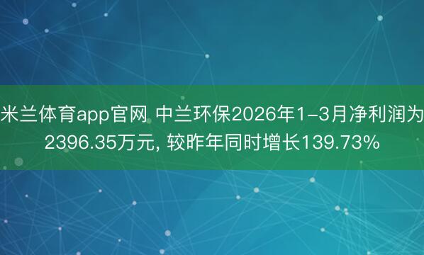 米兰体育app官网 中兰环保2026年1-3月净利润为2396.35万元, 较昨年同时增长139.73%